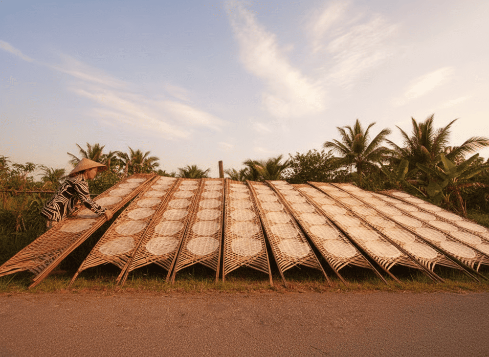 Visitors appreciate local specialties such as handmade crispy rice (banh trang)